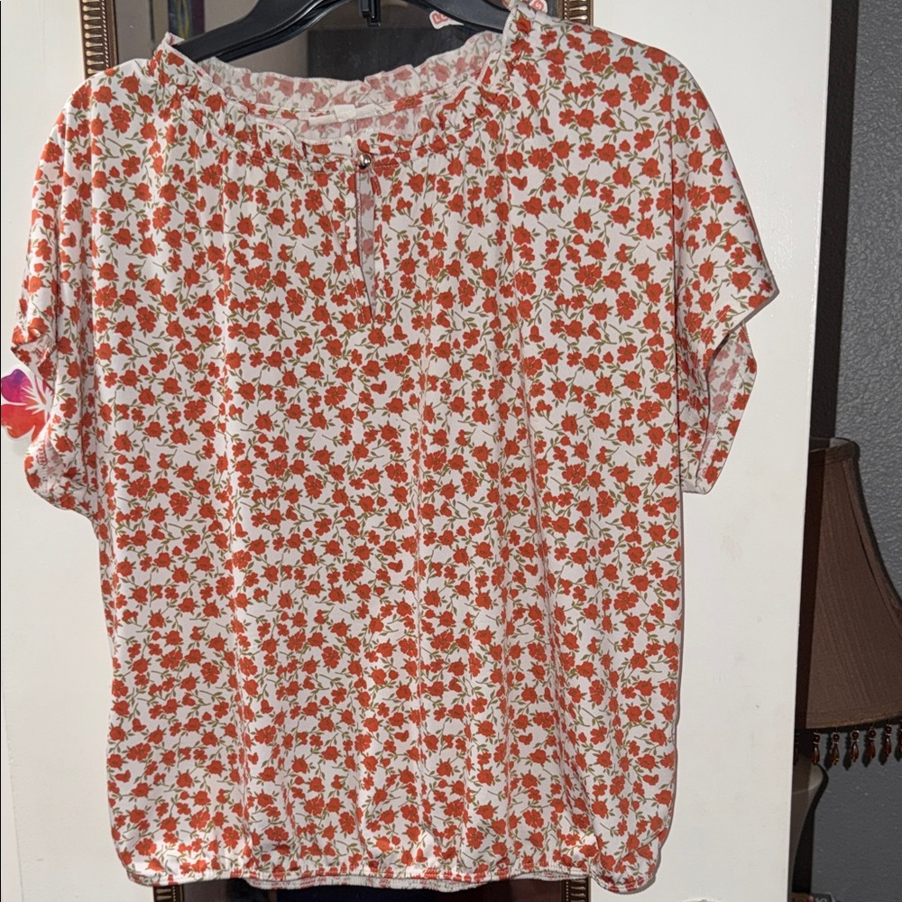 PerSeption Concept Orange Floral Short-Sleeve Blouse